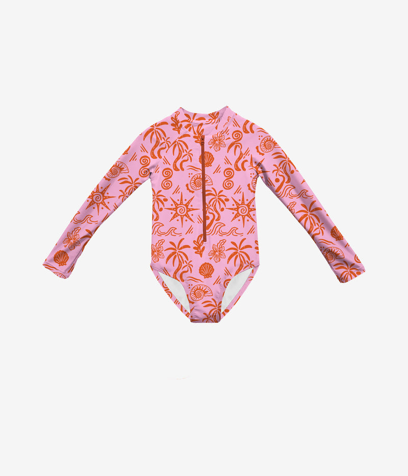 Blush Tides LongSleeve One Piece Swimsuit - Bubble Gum