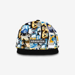 Side view of the Snowy Trails black snapback cap for kids