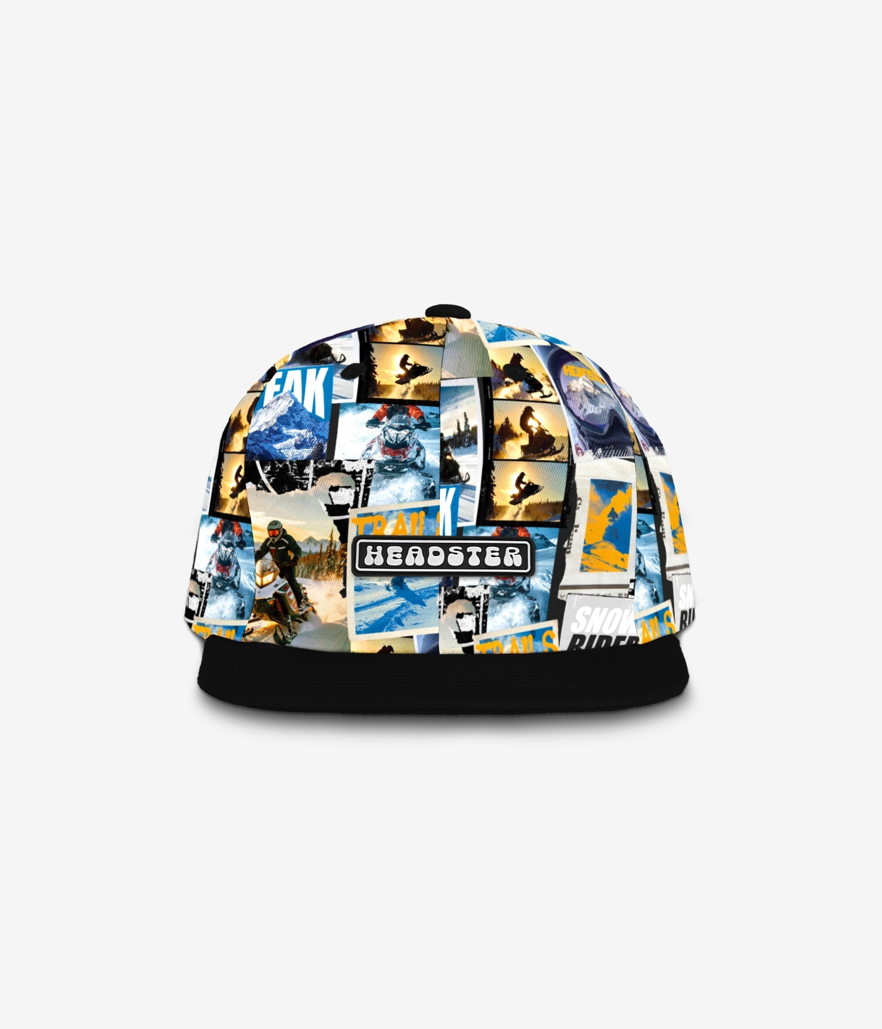 Side view of the Snowy Trails black snapback cap for kids